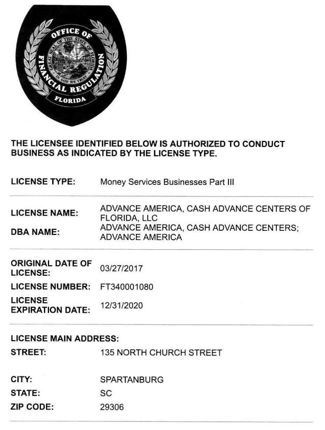 Advance America License/Registration