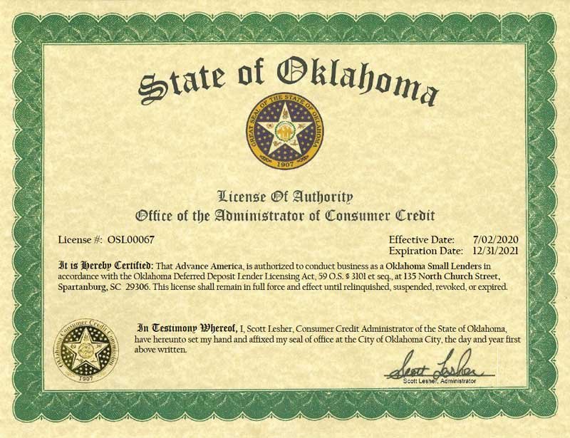 oklahoma lender license for 2020 through 2021