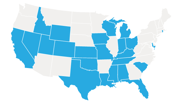Map of Advance America loan and money service coverage by state